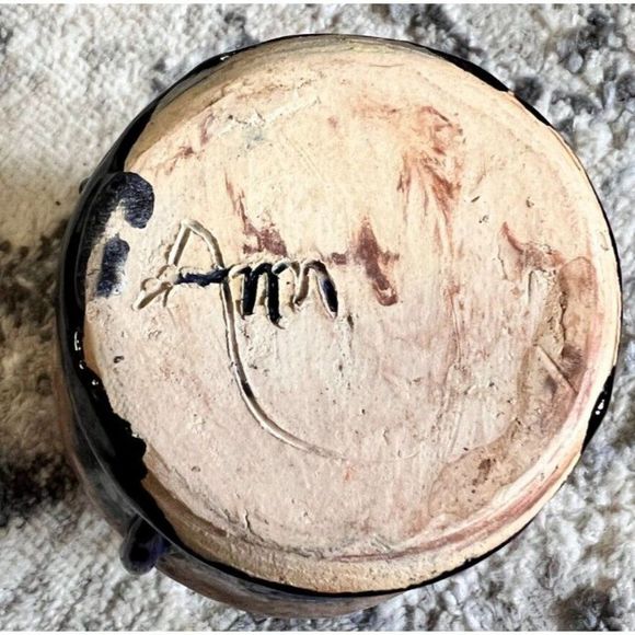 Signed Hand-Made Glazed Pottery Mug/Vase in Blue and Tan- Signed Ann - Picture 3 of 4